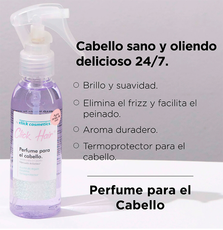 Perfume capilar Click Hair de 120ml con aceite de argan keratina y termoprotector